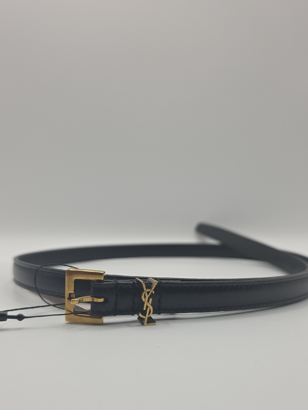 Saint Laurent Black Leather Skinny Belt with Gold YSL Charm